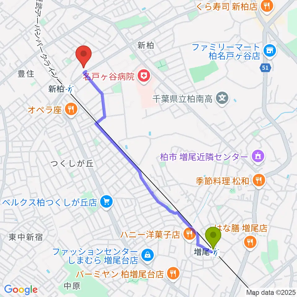 増尾駅から新柏パタータへのルートマップ地図