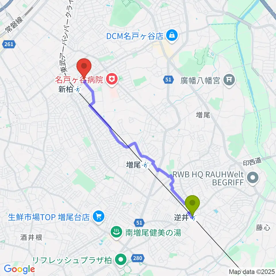 逆井駅から新柏パタータへのルートマップ地図
