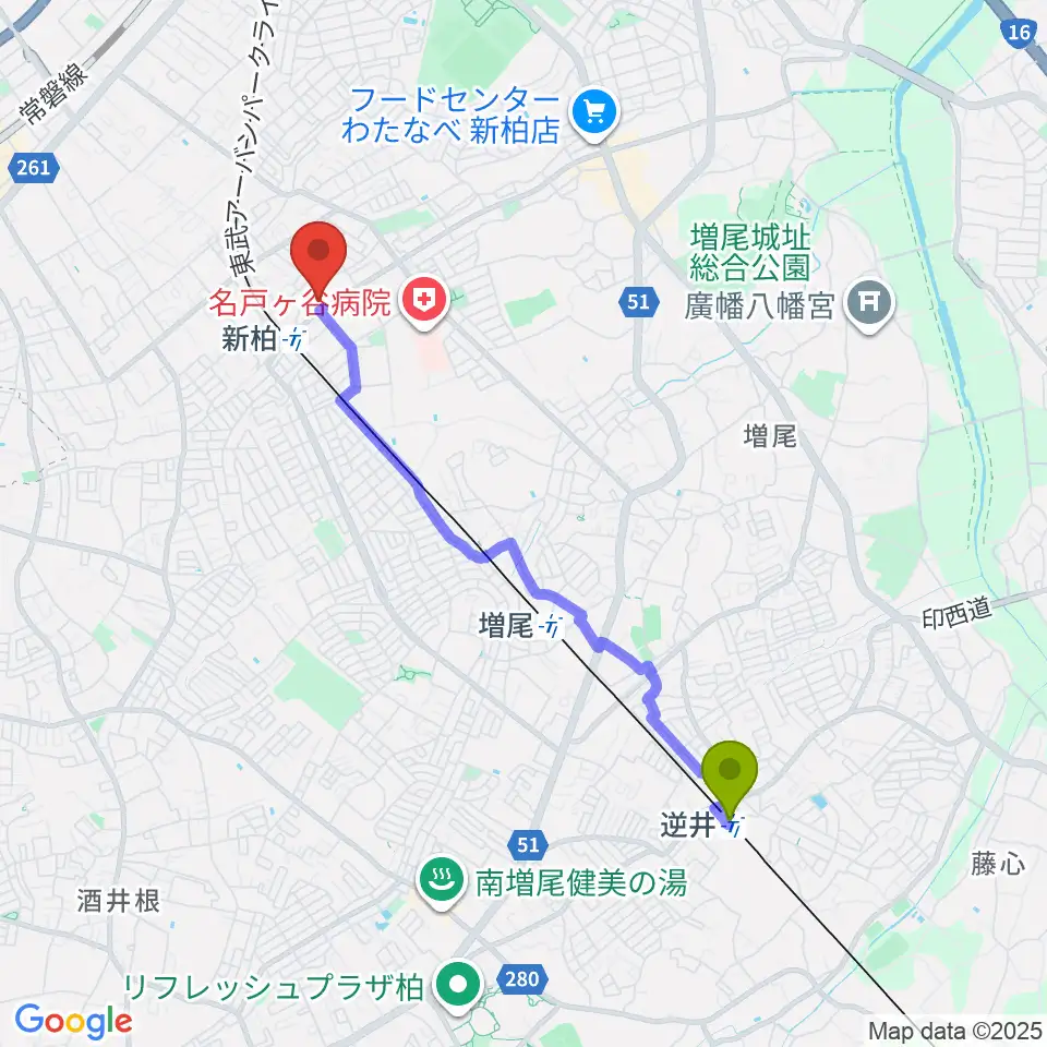 逆井駅から新柏パタータへのルートマップ地図