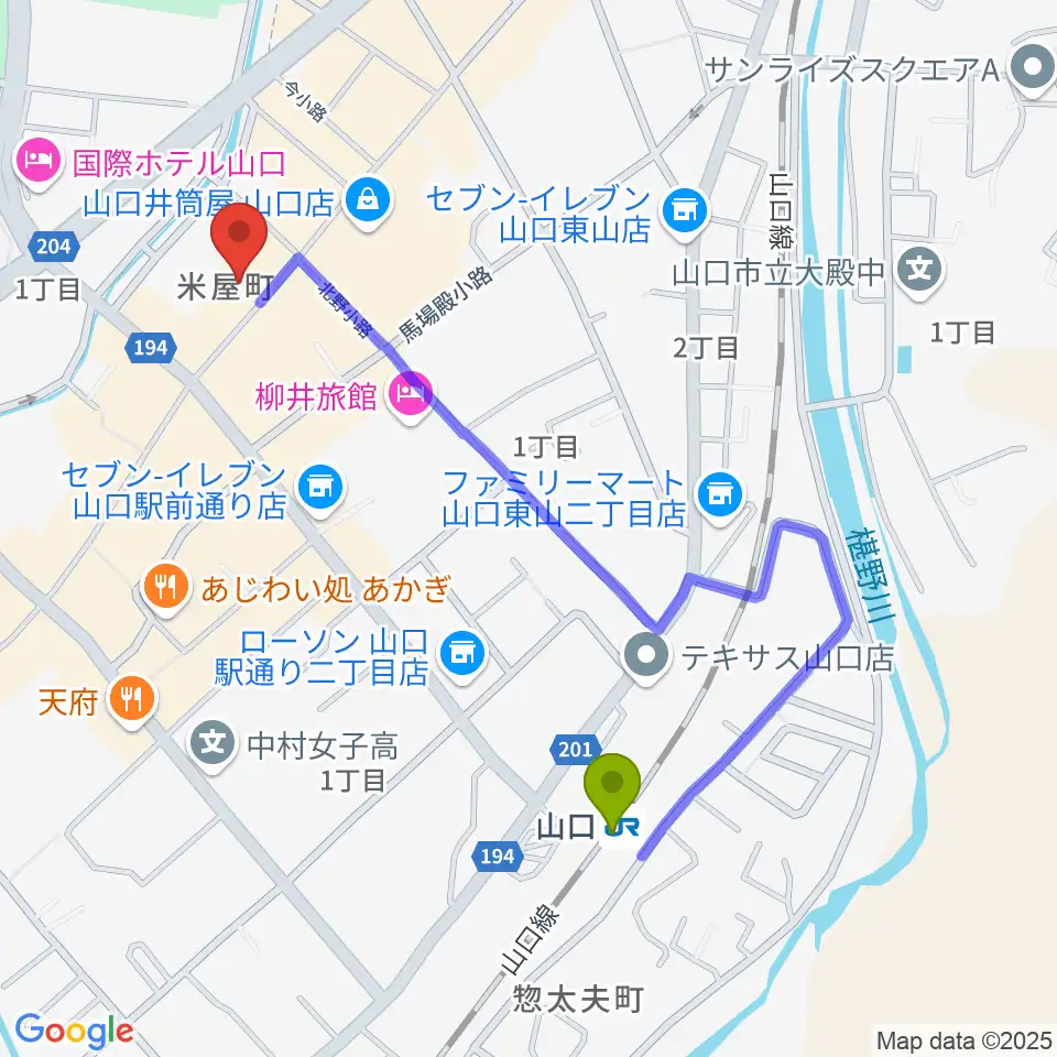 グランドミック三好屋楽器 山口本店の最寄駅山口駅からの徒歩ルート（約10分）地図