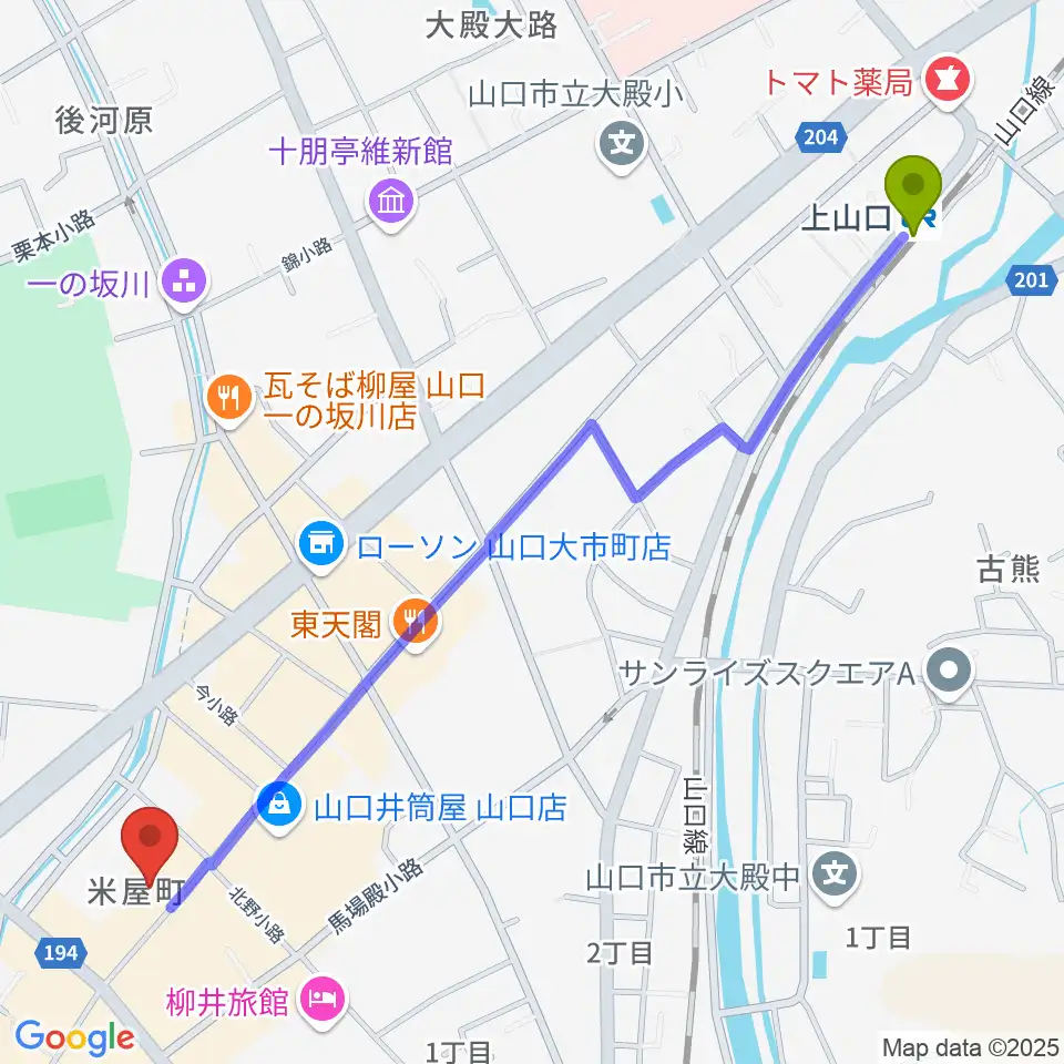 上山口駅からグランドミック三好屋楽器 山口本店へのルートマップ地図