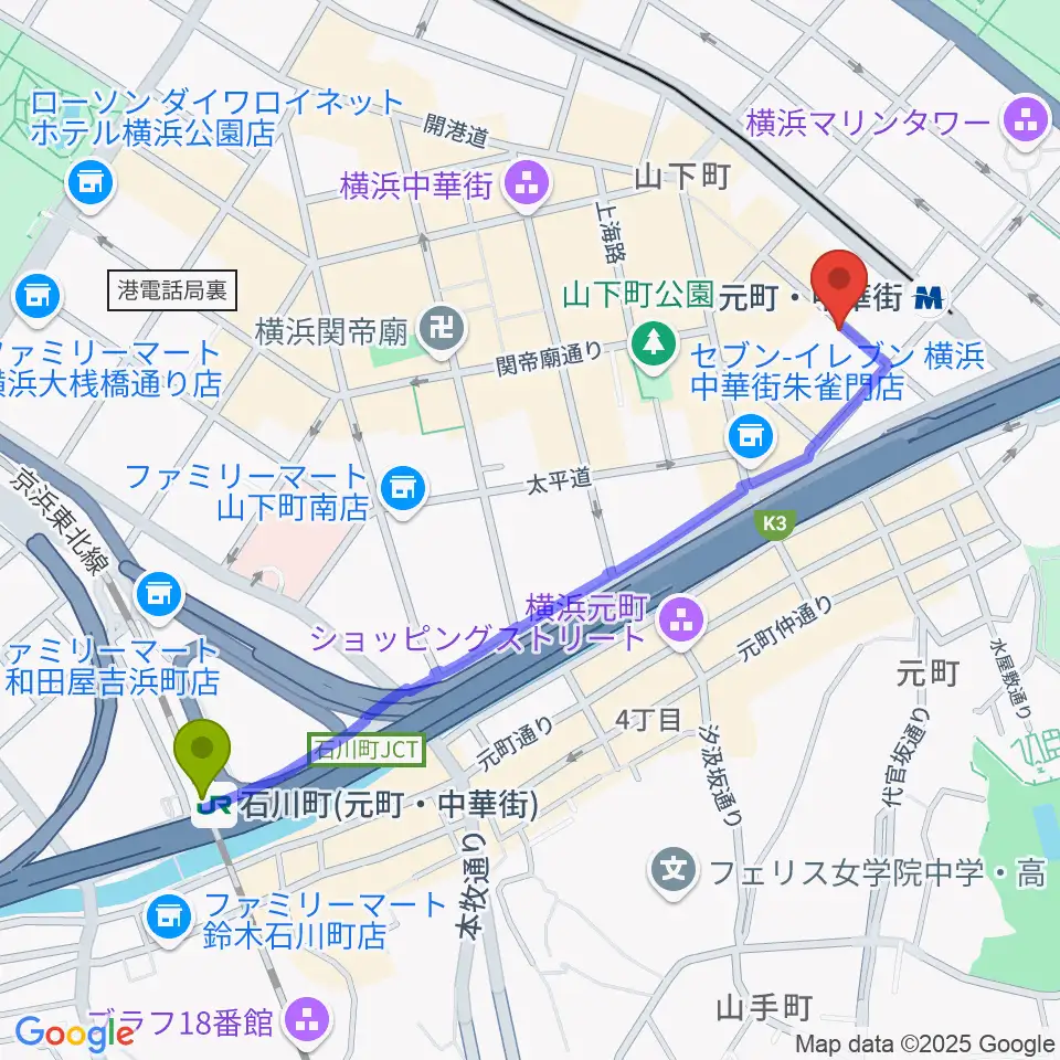 石川町駅からシャンソニエ・デュモンへのルートマップ地図