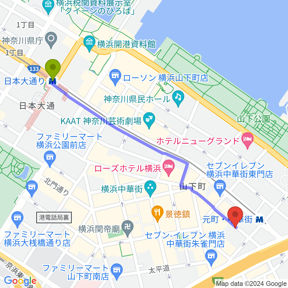 日本大通り駅からシャンソニエ・デュモンへのルートマップ地図