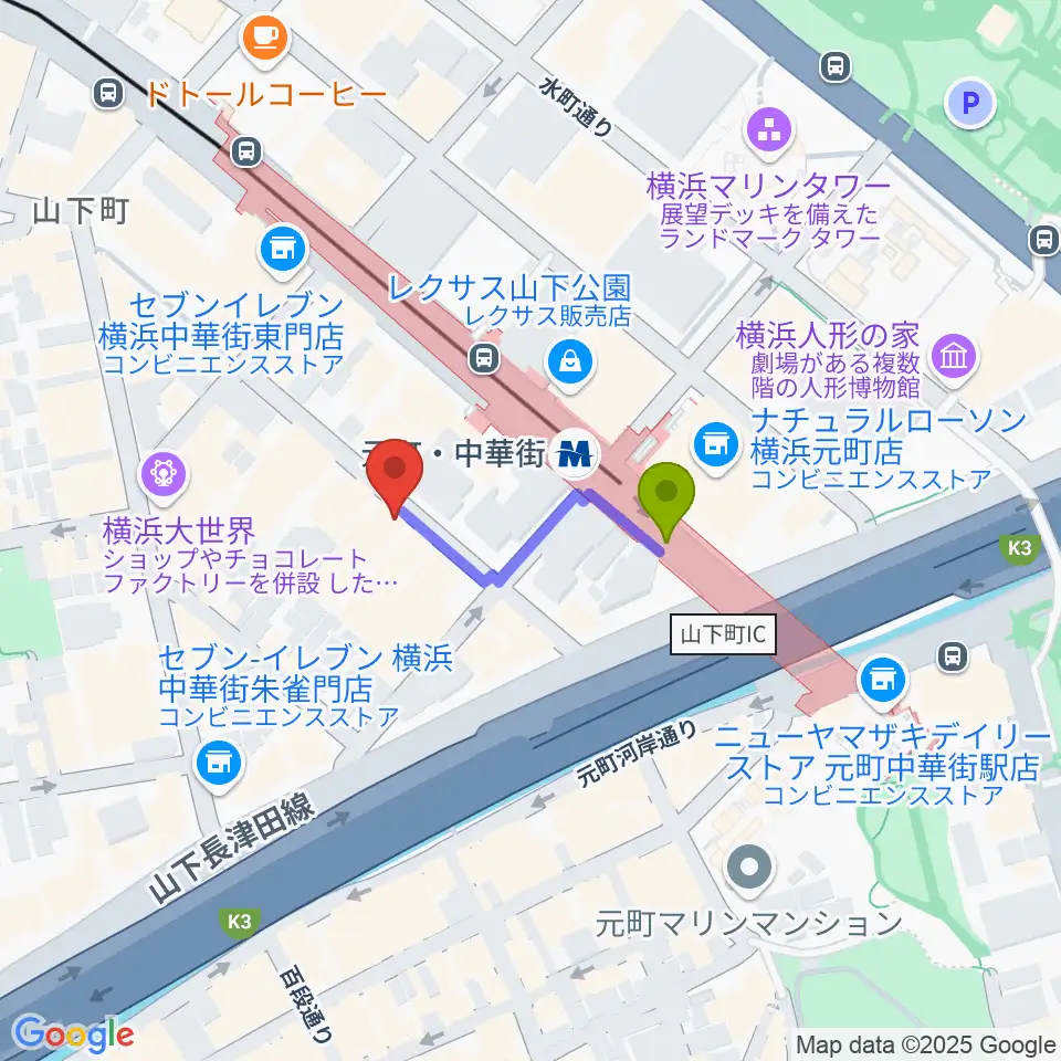 シャンソニエ・デュモンの最寄駅元町・中華街駅からの徒歩ルート（約2分）地図