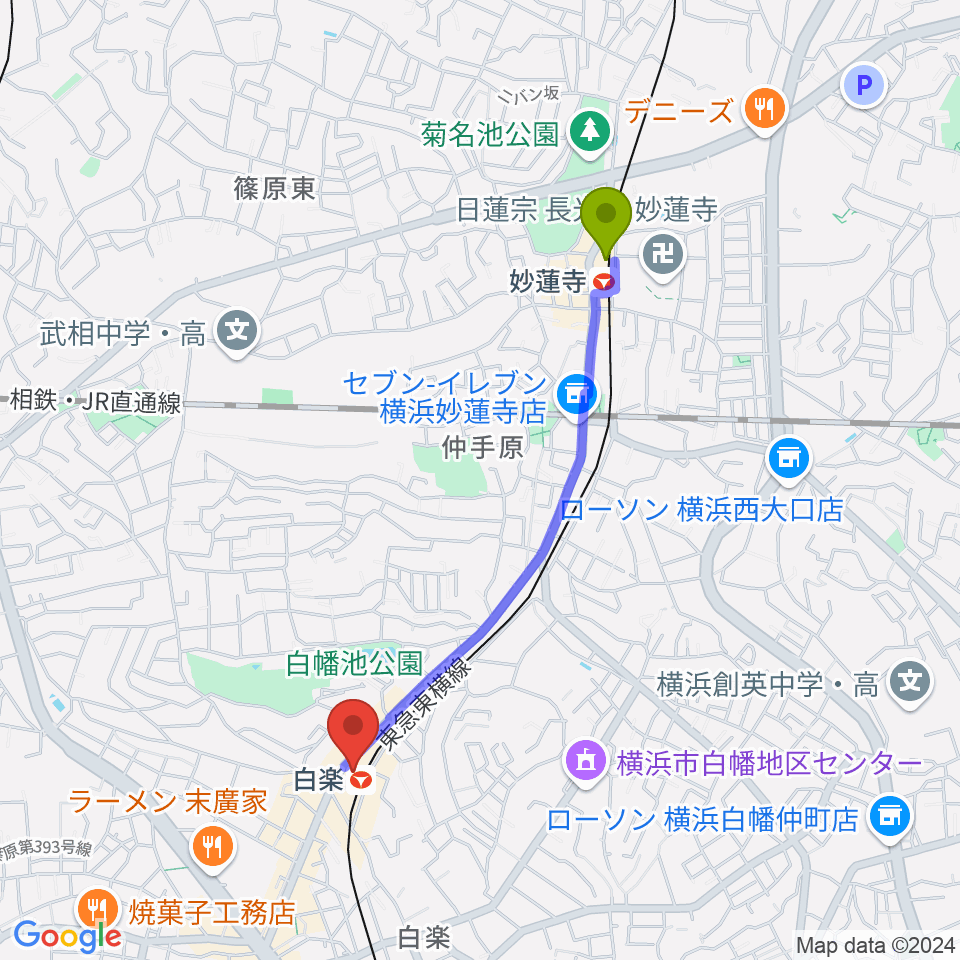 妙蓮寺駅から白楽ブルースエットへのルートマップ地図