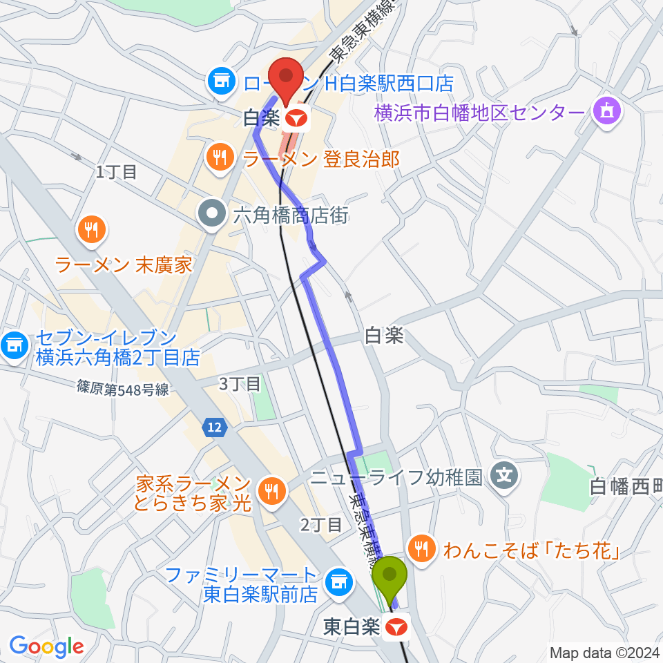 東白楽駅から白楽ブルースエットへのルートマップ地図