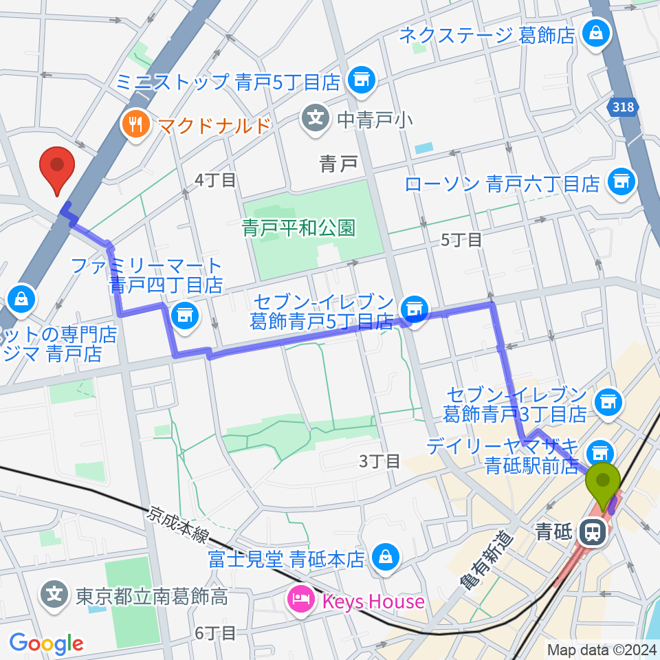 青砥駅から若葉音楽教室へのルートマップ地図