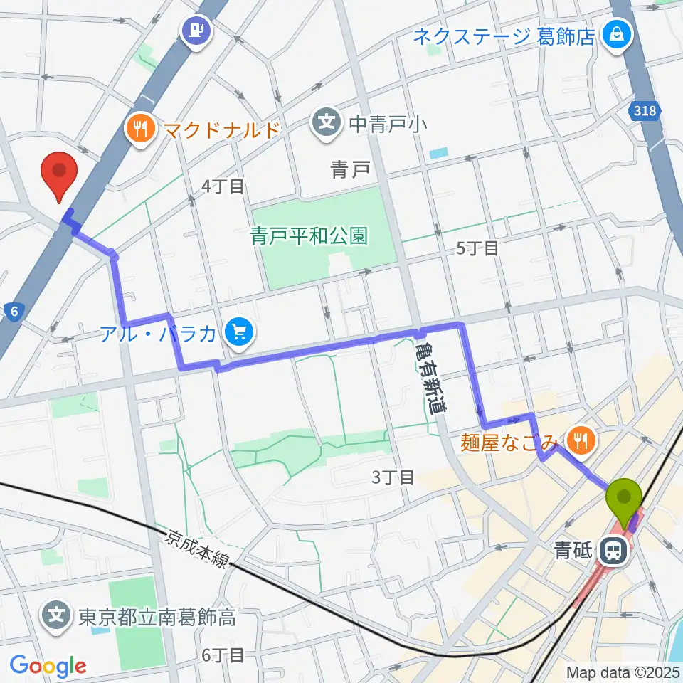 青砥駅から若葉音楽教室へのルートマップ地図