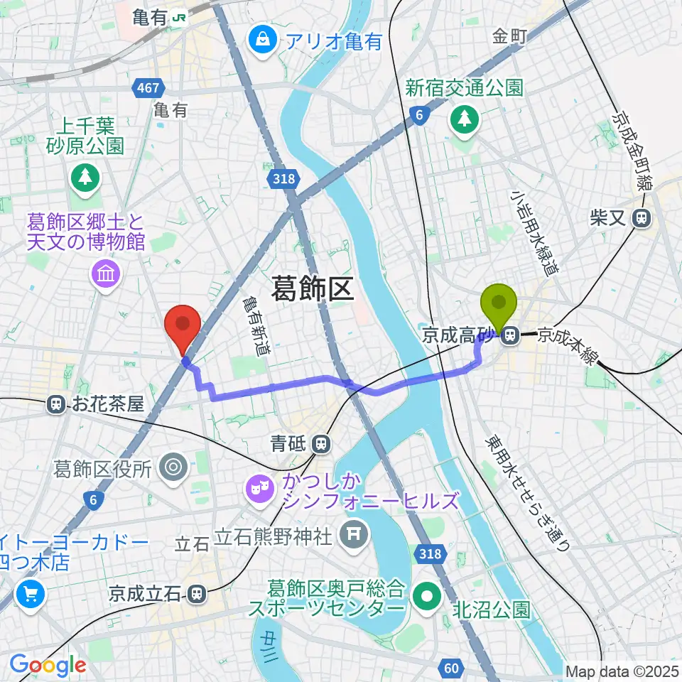 京成高砂駅から若葉音楽教室へのルートマップ地図
