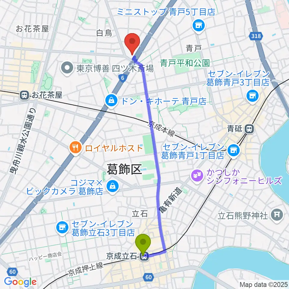 京成立石駅から若葉音楽教室へのルートマップ地図