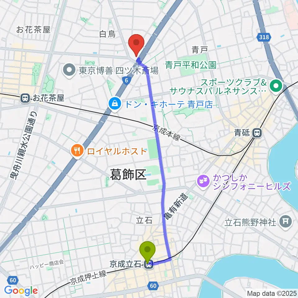 京成立石駅から若葉音楽教室へのルートマップ地図