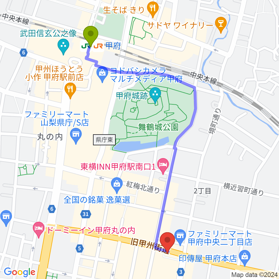 甲府駅から甲府JAZZ IN ALONEへのルートマップ地図