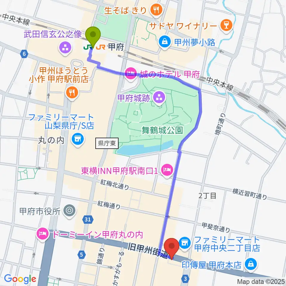 甲府駅から甲府JAZZ IN ALONEへのルートマップ地図