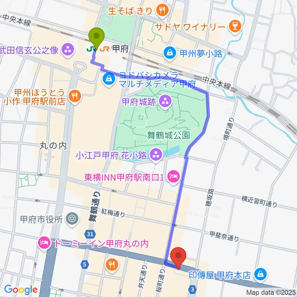 甲府駅から甲府JAZZ IN ALONEへのルートマップ地図
