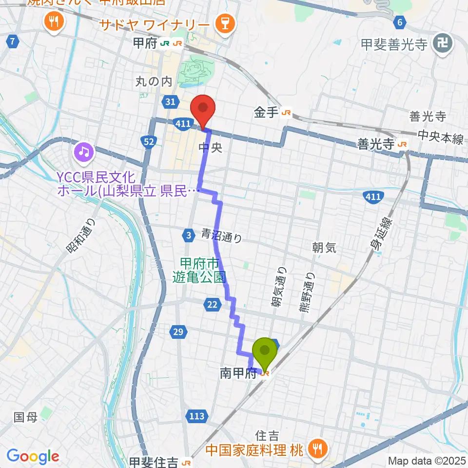 南甲府駅から甲府JAZZ IN ALONEへのルートマップ地図