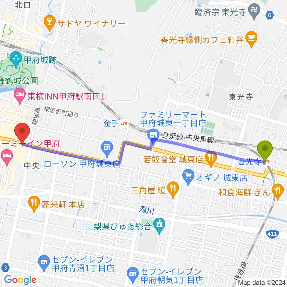 善光寺駅から甲府JAZZ IN ALONEへのルートマップ地図