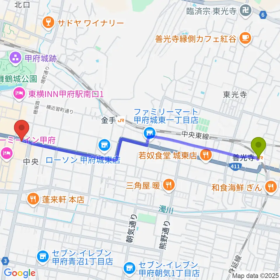 善光寺駅から甲府JAZZ IN ALONEへのルートマップ地図