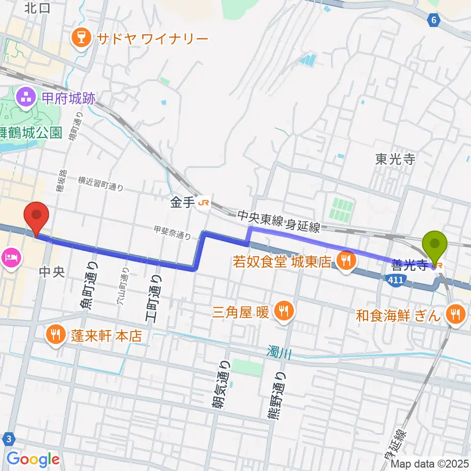 善光寺駅から甲府JAZZ IN ALONEへのルートマップ地図