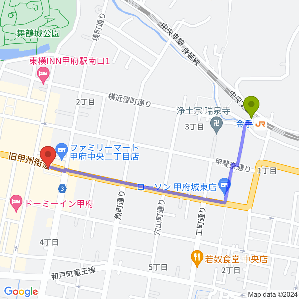 甲府JAZZ IN ALONEの最寄駅金手駅からの徒歩ルート（約11分）地図