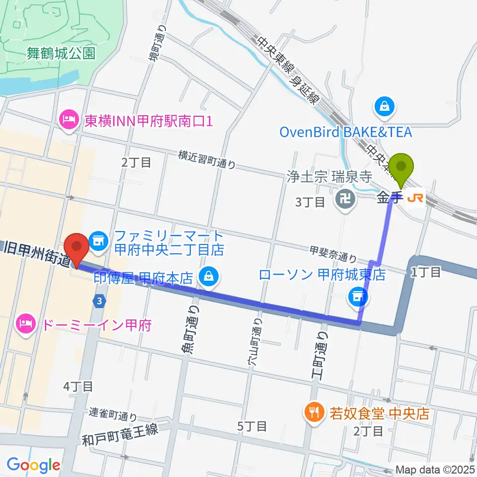 甲府JAZZ IN ALONEの最寄駅金手駅からの徒歩ルート（約11分）地図