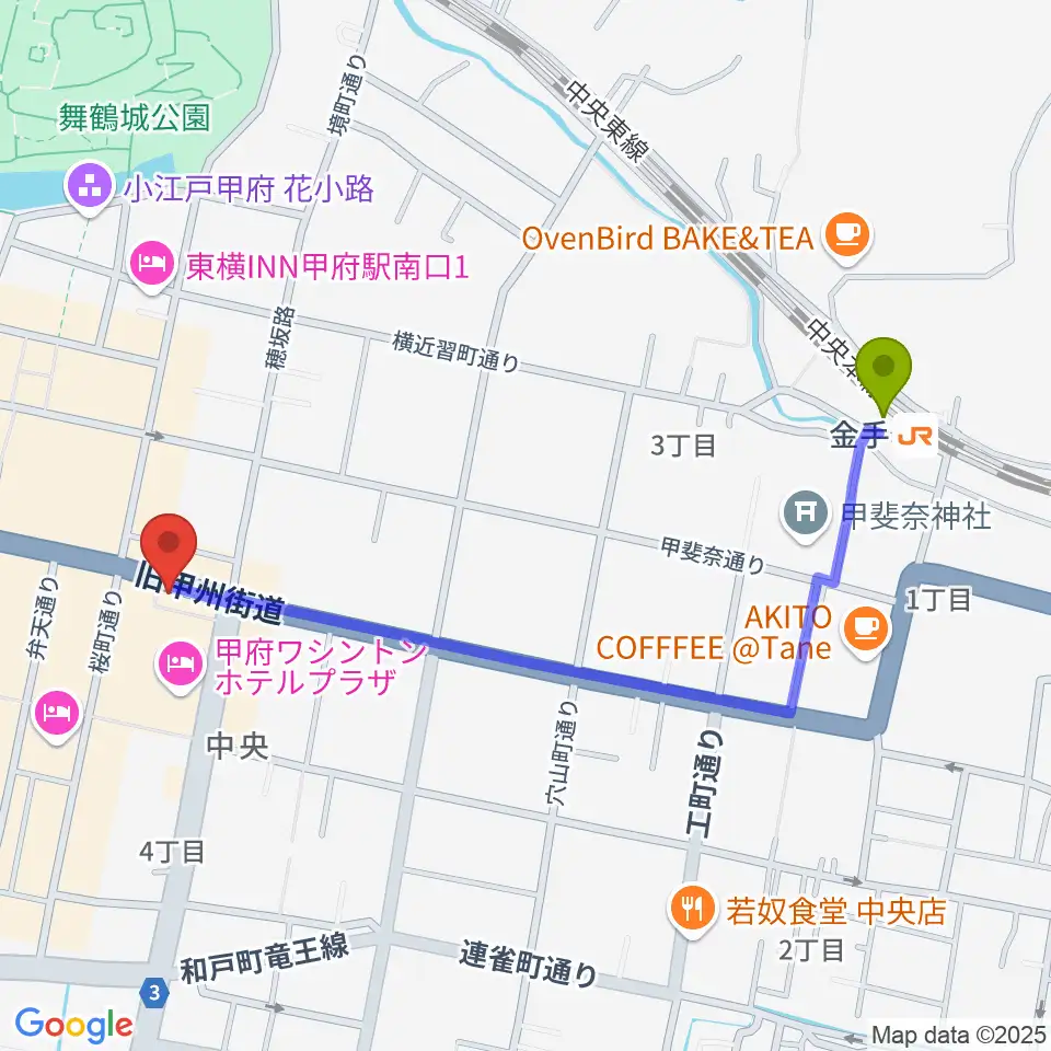 甲府JAZZ IN ALONEの最寄駅金手駅からの徒歩ルート（約11分）地図
