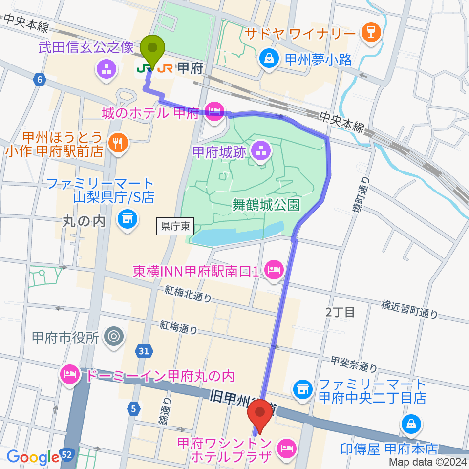 甲府駅からコットンクラブ甲府へのルートマップ地図