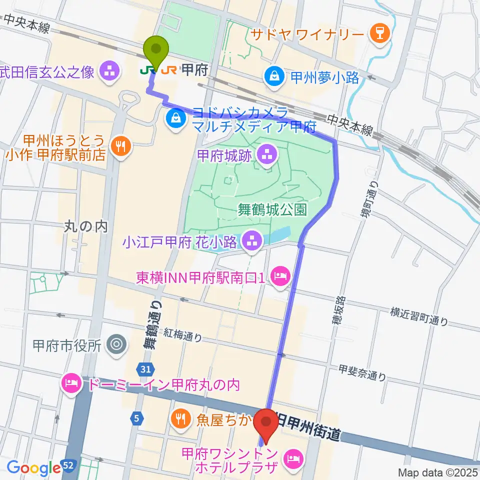 甲府駅からコットンクラブ甲府へのルートマップ地図