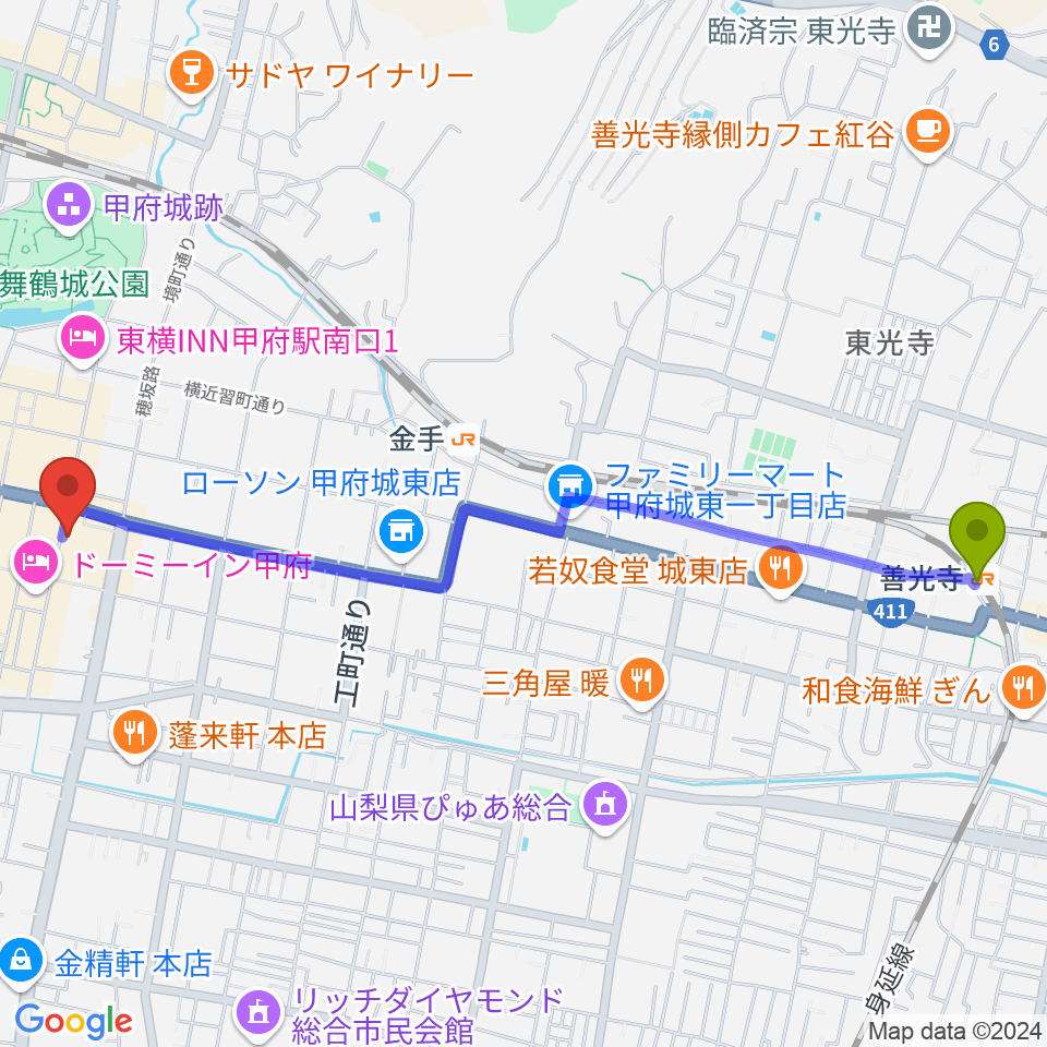 善光寺駅からコットンクラブ甲府へのルートマップ地図