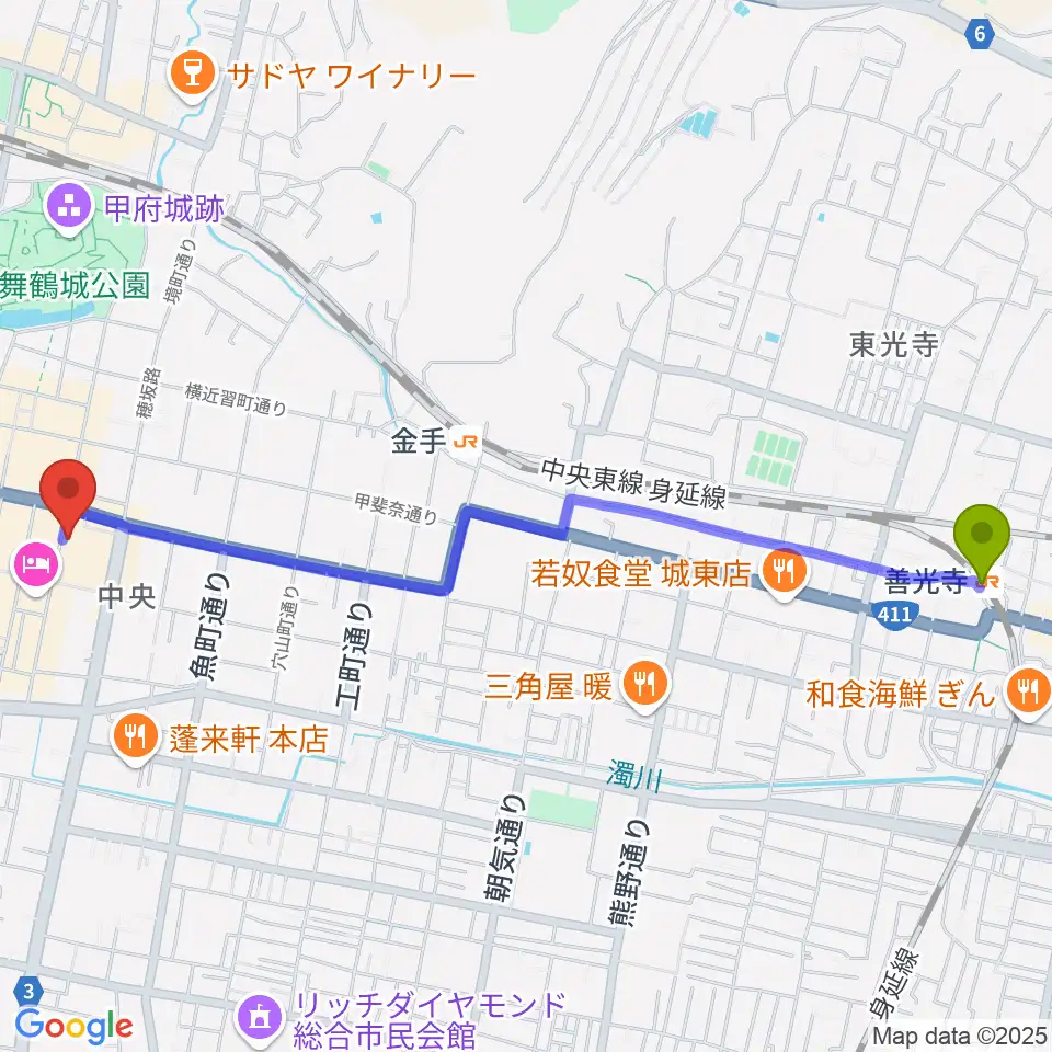 善光寺駅からコットンクラブ甲府へのルートマップ地図