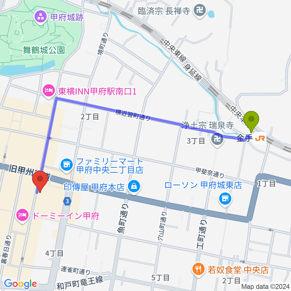 コットンクラブ甲府の最寄駅金手駅からの徒歩ルート（約12分）地図