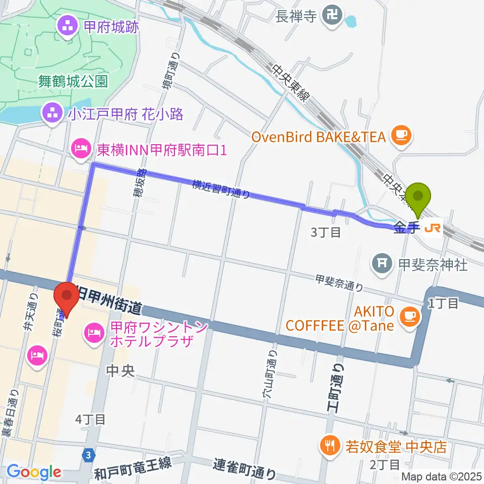 コットンクラブ甲府の最寄駅金手駅からの徒歩ルート（約12分）地図