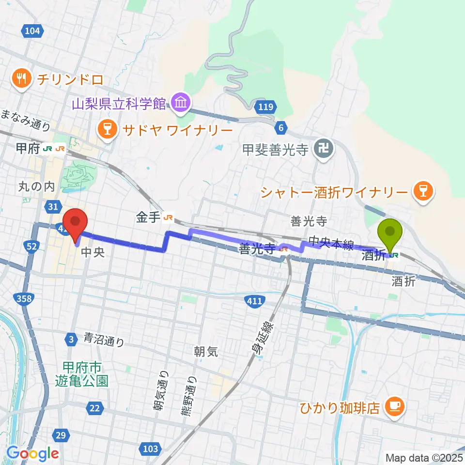 酒折駅から甲府桜座へのルートマップ地図