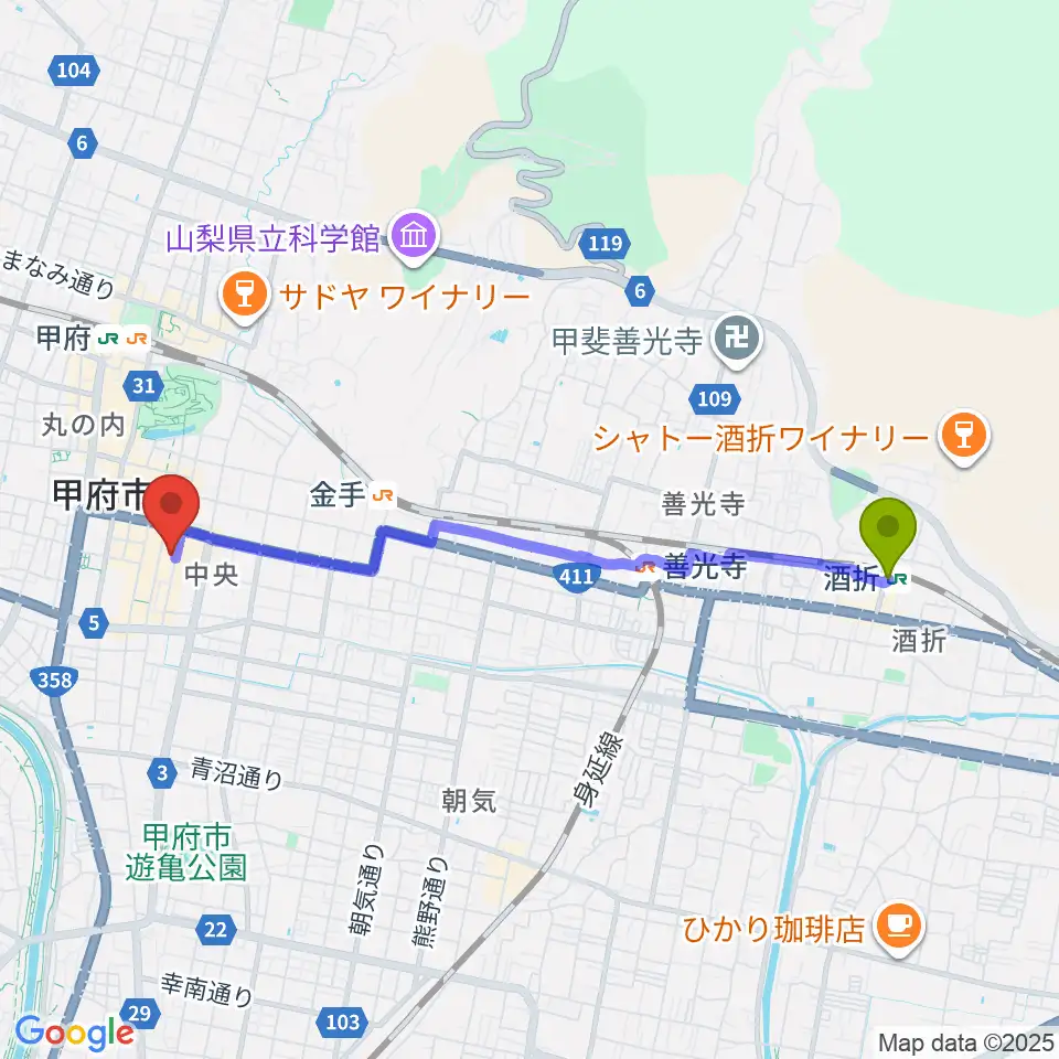 酒折駅から甲府桜座へのルートマップ地図