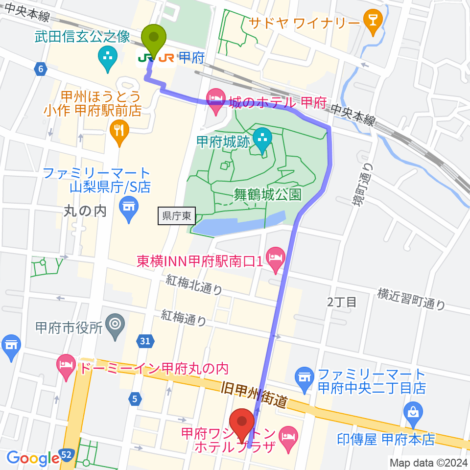 甲府駅から甲府桜座へのルートマップ地図