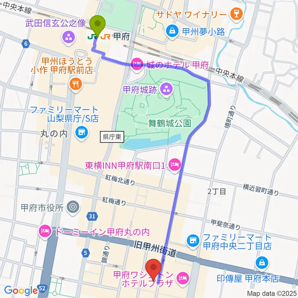 甲府駅から甲府桜座へのルートマップ地図