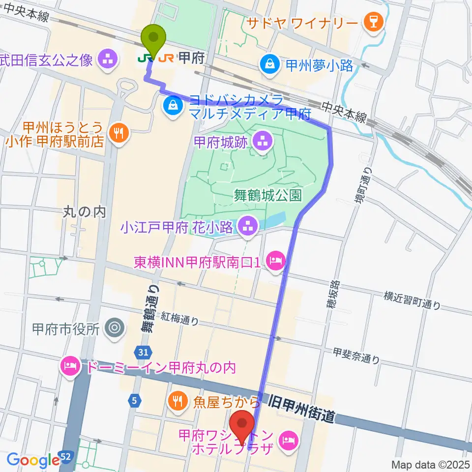 甲府駅から甲府桜座へのルートマップ地図