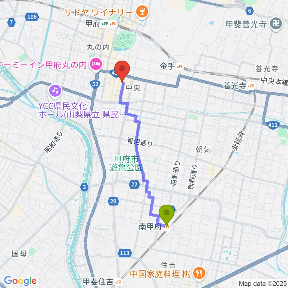 南甲府駅から甲府桜座へのルートマップ地図