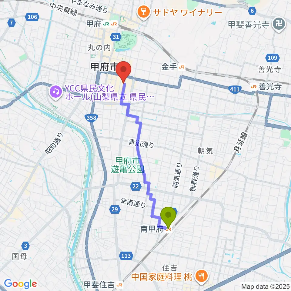 南甲府駅から甲府桜座へのルートマップ地図