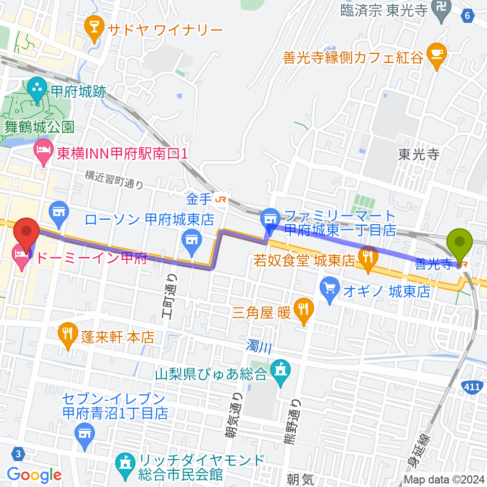 善光寺駅から甲府桜座へのルートマップ地図