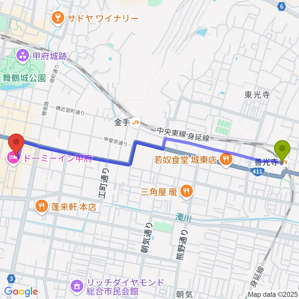 善光寺駅から甲府桜座へのルートマップ地図