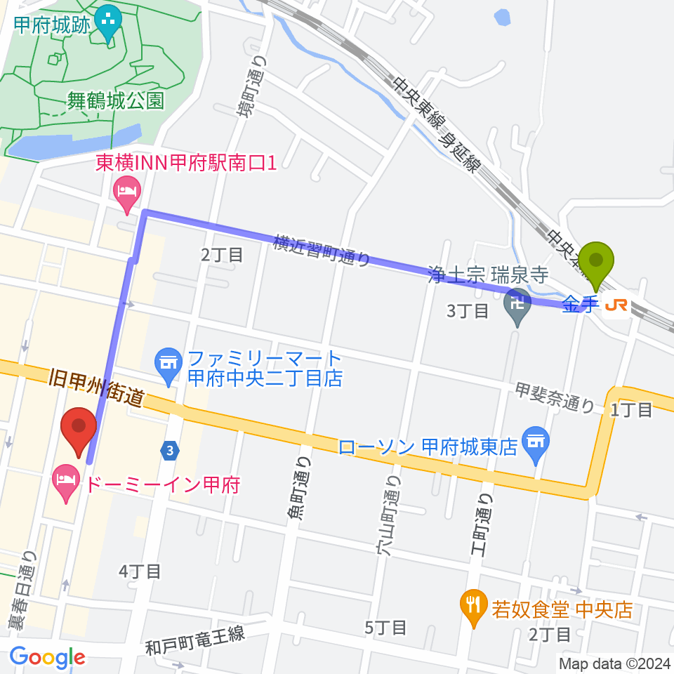 甲府桜座の最寄駅金手駅からの徒歩ルート（約13分）地図