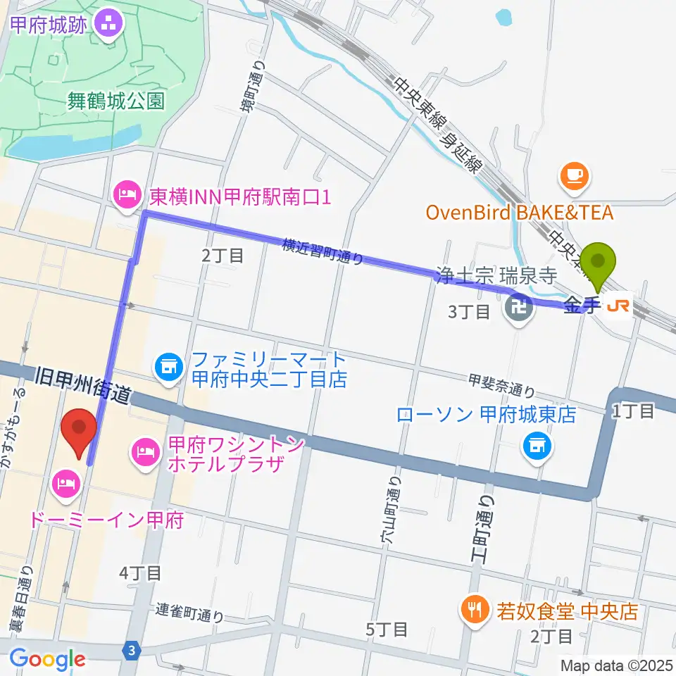 甲府桜座の最寄駅金手駅からの徒歩ルート（約13分）地図