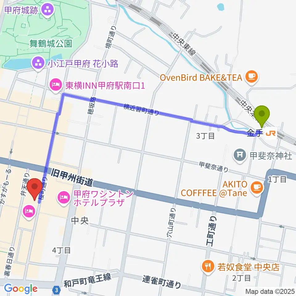甲府桜座の最寄駅金手駅からの徒歩ルート（約13分）地図