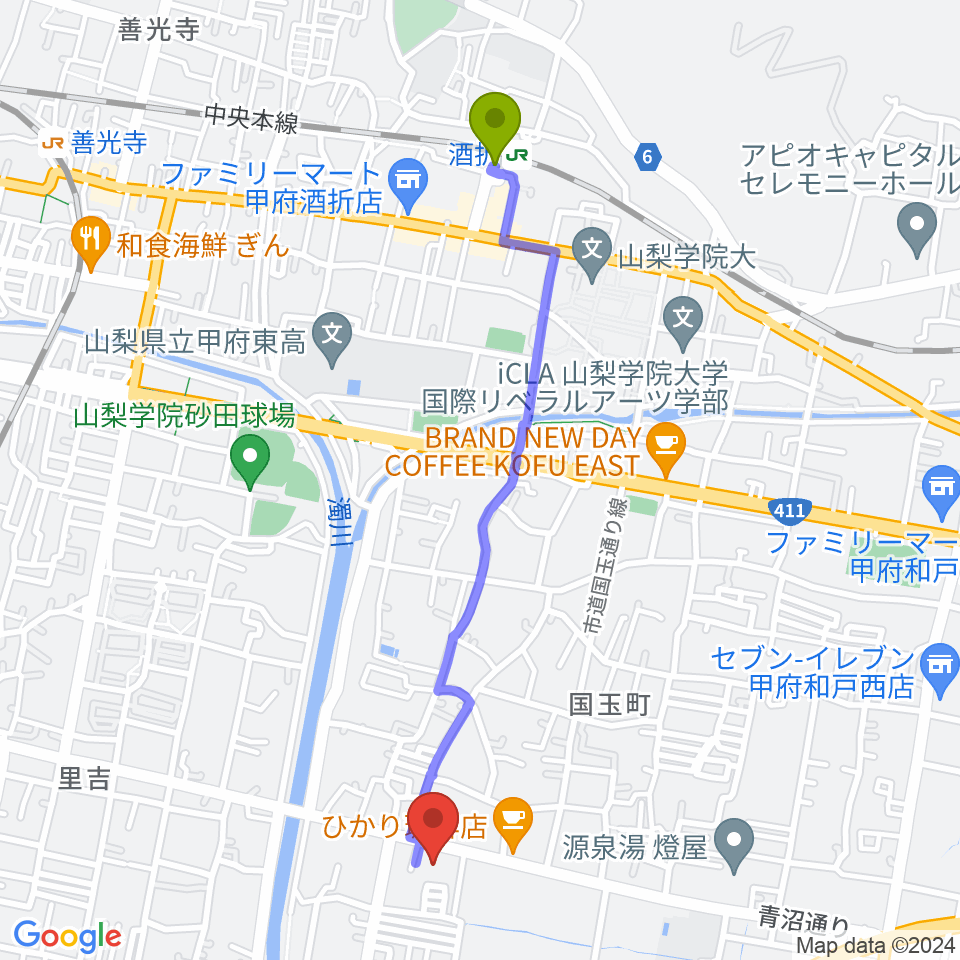 カフェパストリアスの最寄駅酒折駅からの徒歩ルート（約23分）地図