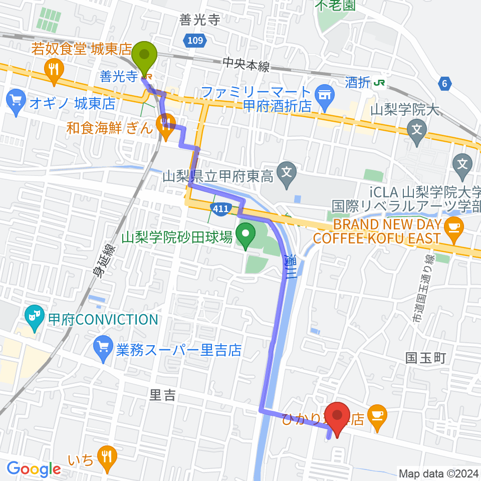 善光寺駅からカフェパストリアスへのルートマップ地図