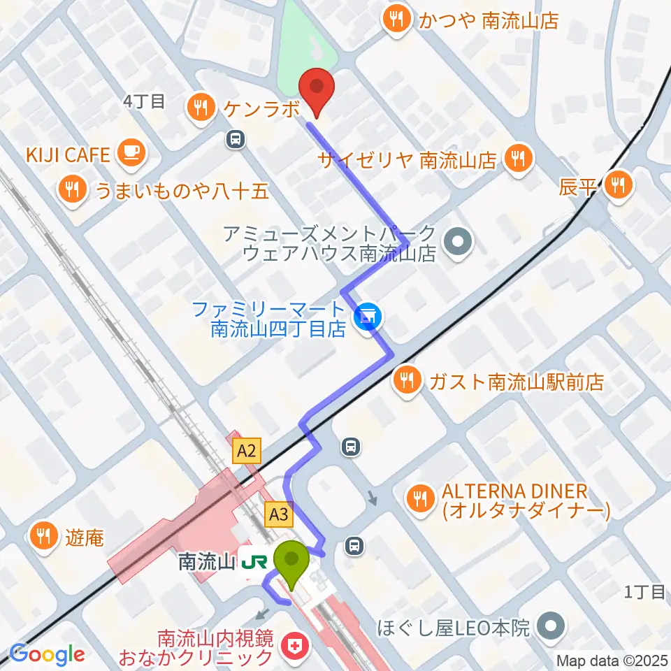 みみミュージックの最寄駅南流山駅からの徒歩ルート（約5分）地図