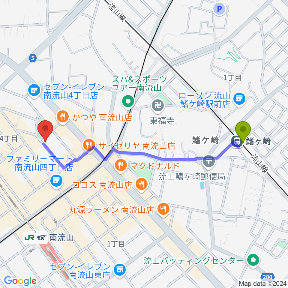 鰭ヶ崎駅からみみミュージックへのルートマップ地図