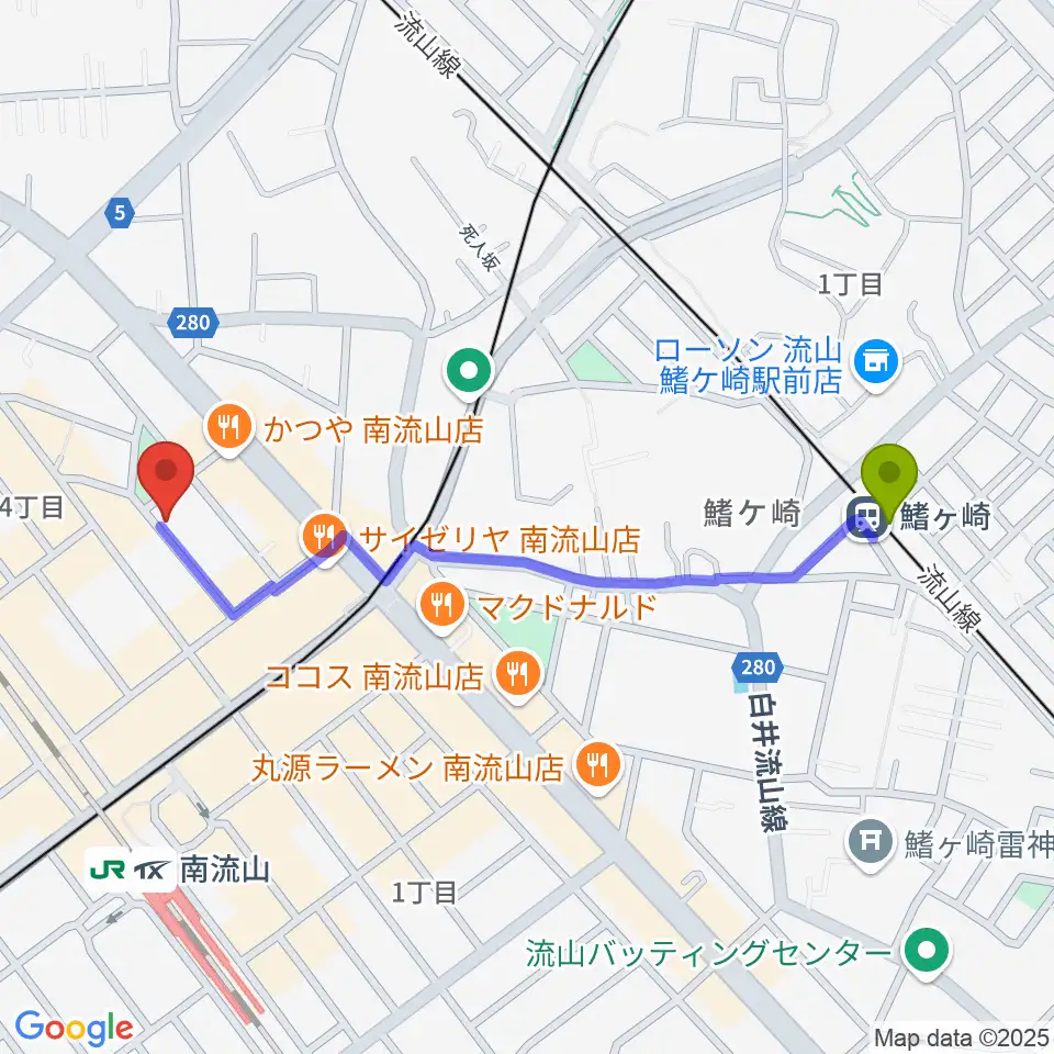 鰭ヶ崎駅からみみミュージックへのルートマップ地図