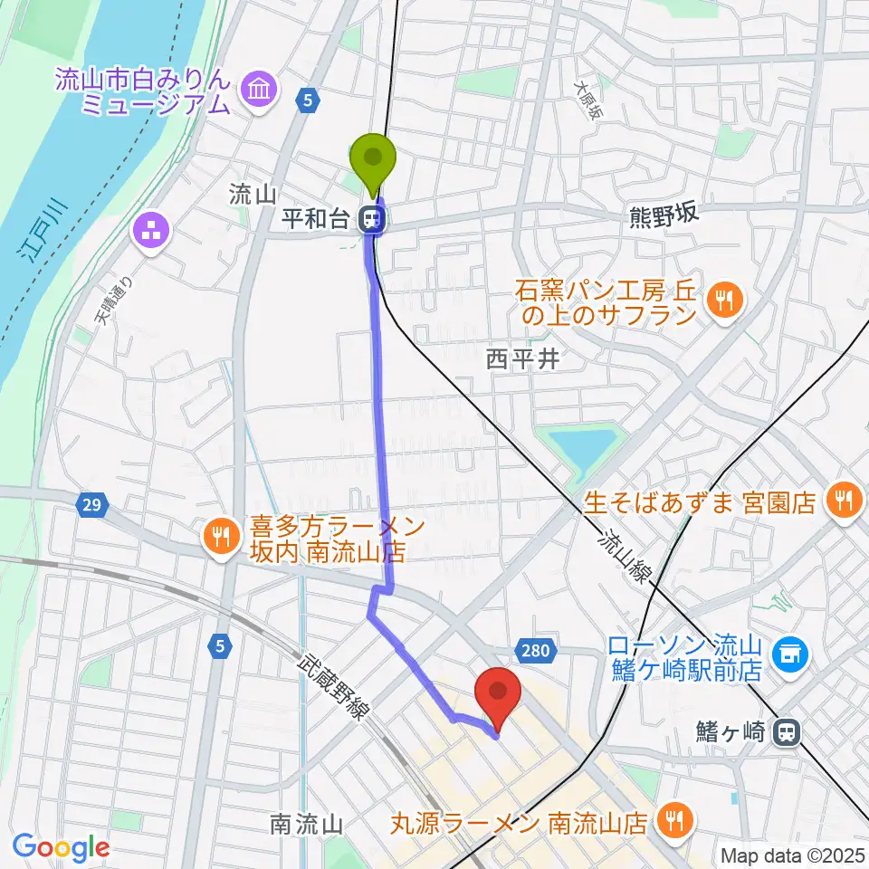 平和台駅からみみミュージックへのルートマップ地図
