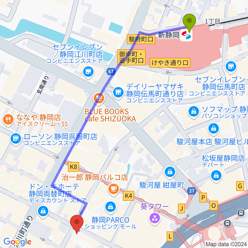 新静岡駅から静岡LIFE TIME（ライフタイム）へのルートマップ地図